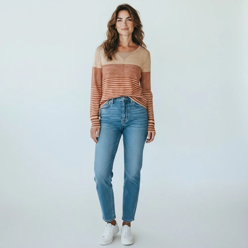 Lucky Brand Womens Striped Long Sleeve Crew Neck Sweater Cream Rust Orange Small